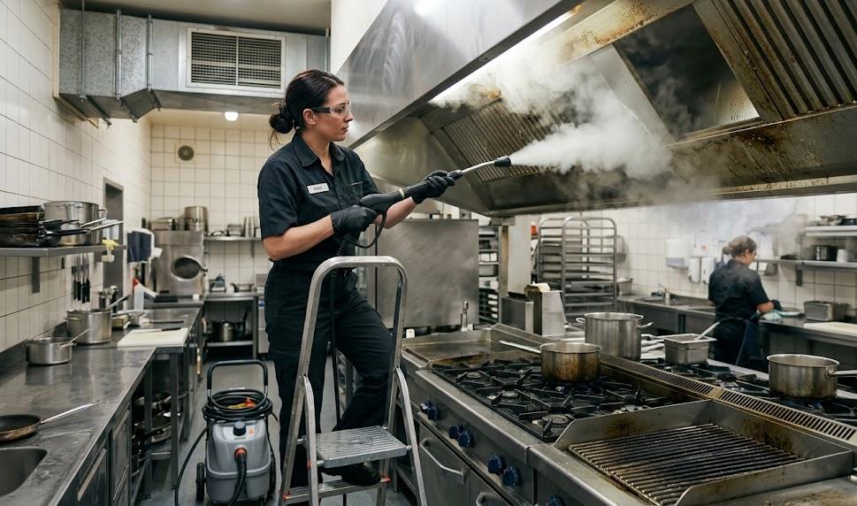 Dégraisser une hotte de restaurant avec la puissance de la vapeur sèche