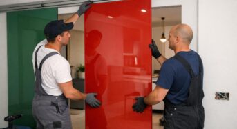 Installation de portes coulissantes verre laqué (Lacobel)