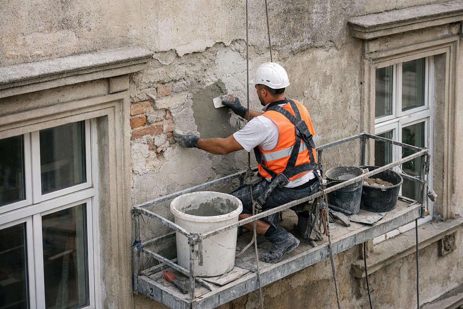 Intervention moyen d'un façadier pour entretien de façade