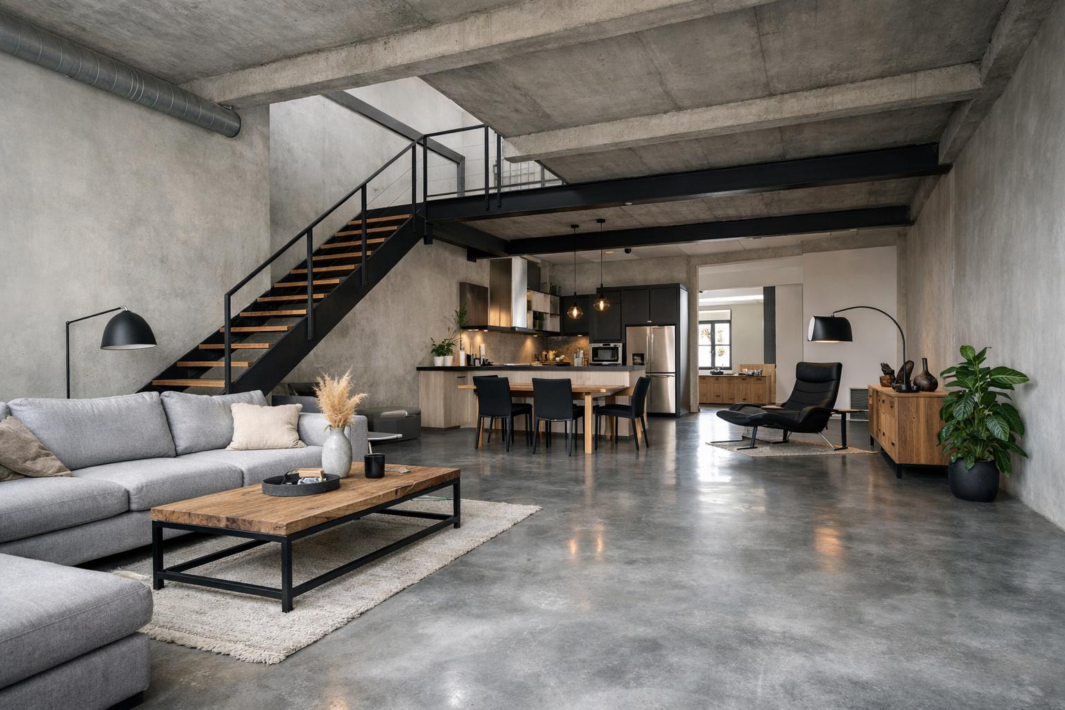 Loft style contemporain avec sol en béton ciré gris