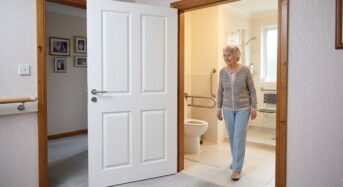Salle de bain adaptée : porte ouvrant vers l&rsquo;extérieur pour la sécurité