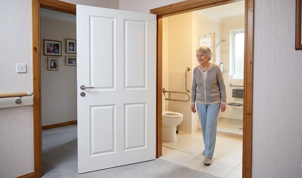 Salle de bain adaptée : porte ouvrant vers l'extérieur pour la sécurité